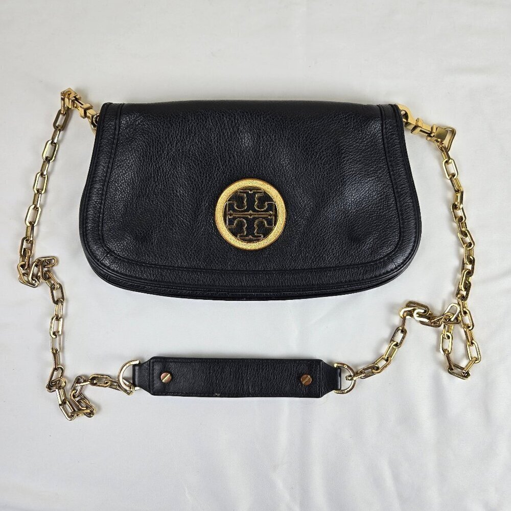Tory Burch Black Leather Crossbody Bag Gold Chain Strap Magnetic Close Flap Logo